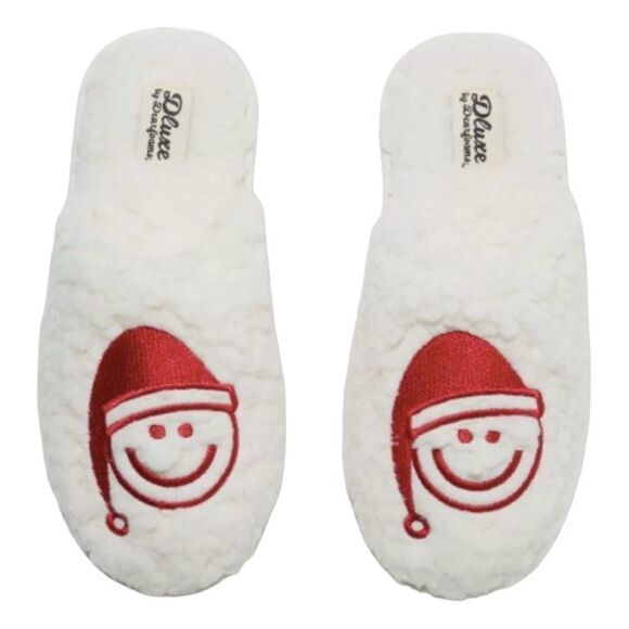 Dearfoams dluxe Santa Emoji Hat Sherpa Slippers Cream Red Slide L 9-10 - Picture 1 of 5